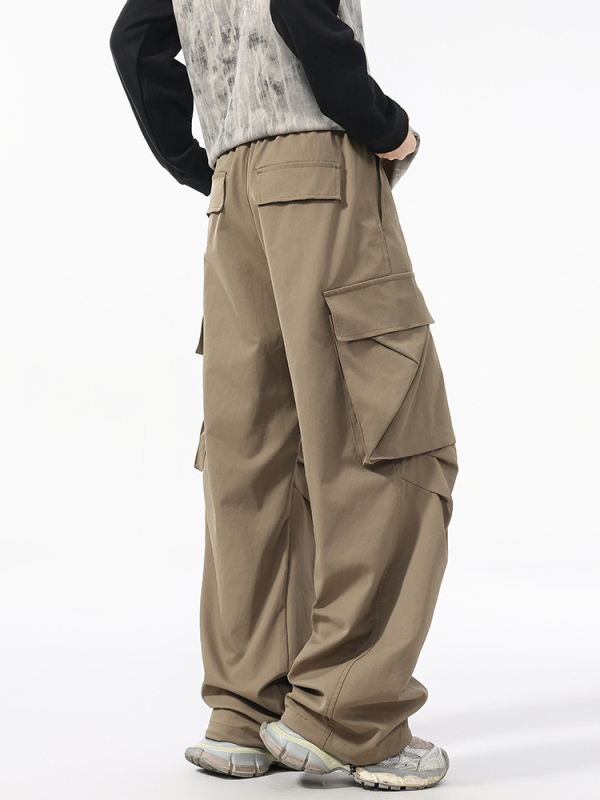 Cargo παντελόνια, χαλαρή γραμμή μέσης, ίσια γραμμή, πλυμένο πολυεστερικό μείγμα, μακριά παντελόνια