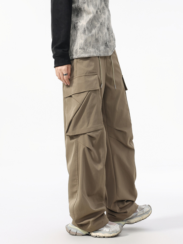 Cargo παντελόνια, χαλαρή γραμμή μέσης, ίσια γραμμή, πλυμένο πολυεστερικό μείγμα, μακριά παντελόνια