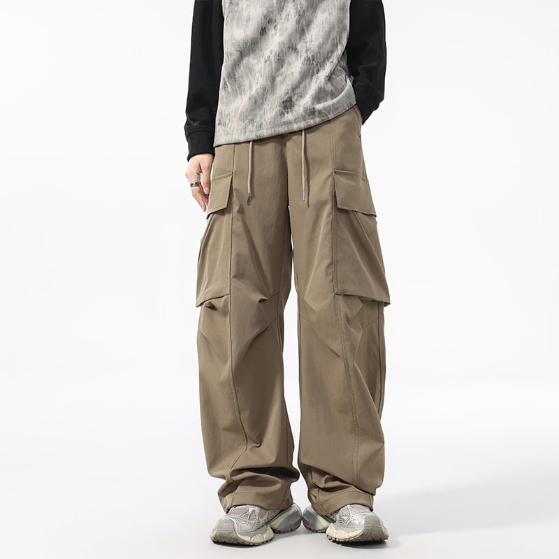 Cargo παντελόνια, χαλαρή γραμμή μέσης, ίσια γραμμή, πλυμένο πολυεστερικό μείγμα, μακριά παντελόνια