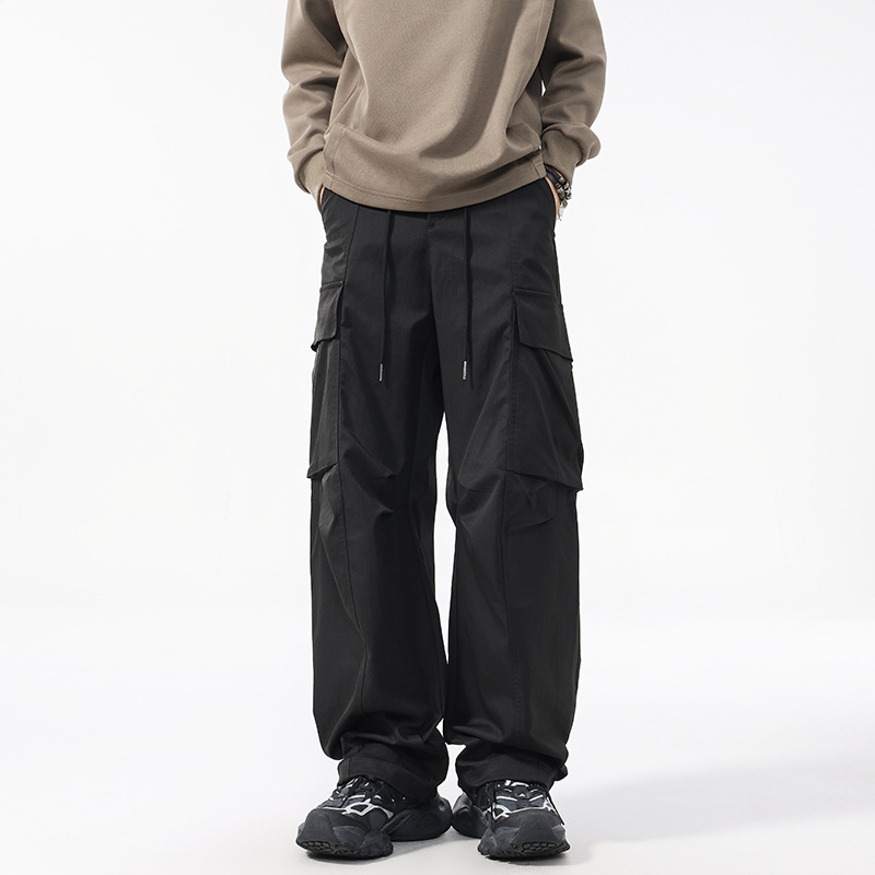 Cargo παντελόνια, χαλαρή γραμμή μέσης, ίσια γραμμή, πλυμένο πολυεστερικό μείγμα, μακριά παντελόνια