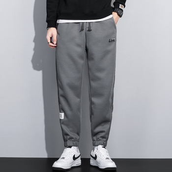 Pantaloni sport casual tricot, căptușiți cu fleece, croială liberă, poliester stretch