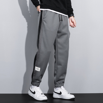 Pantaloni sport casual tricot, căptușiți cu fleece, croială liberă, poliester stretch