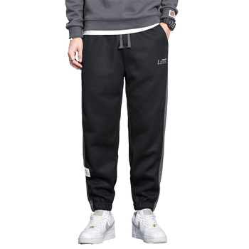Pantaloni sport casual tricot, căptușiți cu fleece, croială liberă, poliester stretch