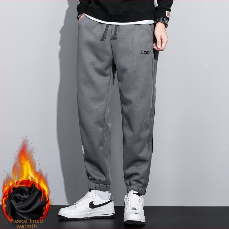 Pantaloni sport casual tricot, căptușiți cu fleece, croială liberă, poliester stretch