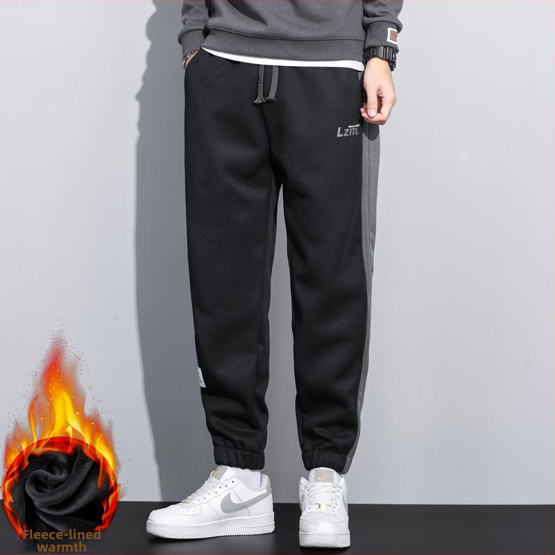 Pantaloni sport casual tricot, căptușiți cu fleece, croială liberă, poliester stretch