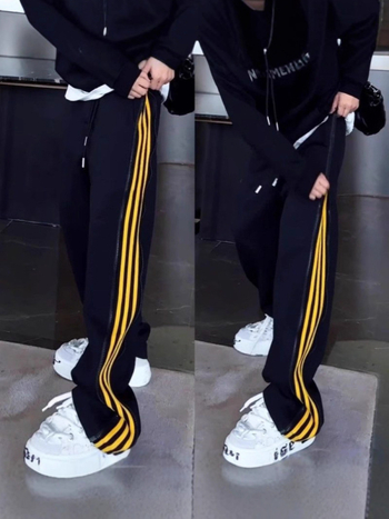 Ανδρικά χαλαρά παντελόνια casual με πλευρική ρίγα και διπλό φερμουάρ, ευθεία γραμμή ποδιού, πολυεστέρας, φθινόπωρο 2025