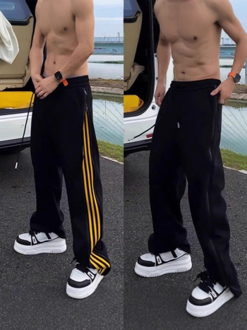 Ανδρικά χαλαρά παντελόνια casual με πλευρική ρίγα και διπλό φερμουάρ, ευθεία γραμμή ποδιού, πολυεστέρας, φθινόπωρο 2025