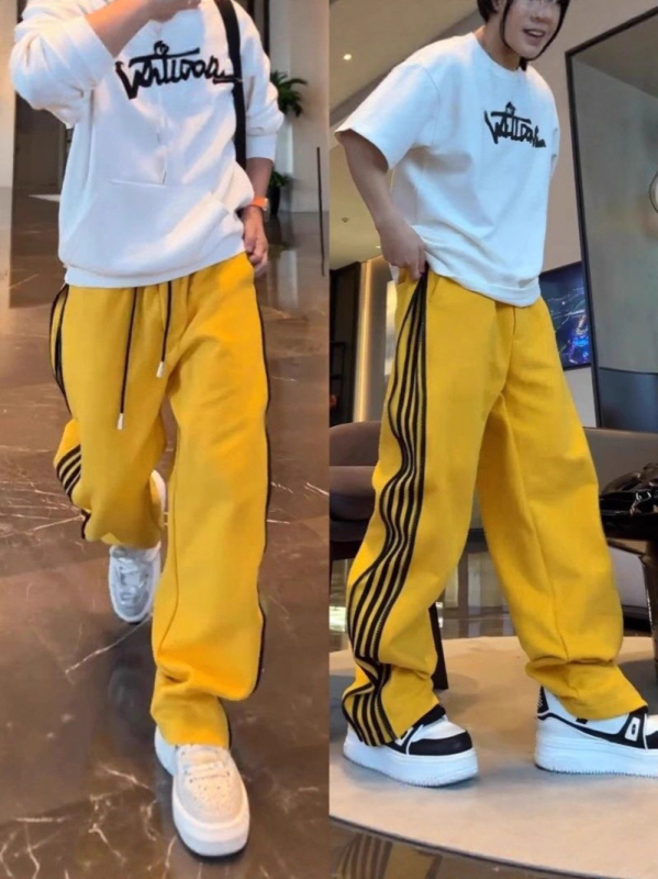 Ανδρικά χαλαρά παντελόνια casual με πλευρική ρίγα και διπλό φερμουάρ, ευθεία γραμμή ποδιού, πολυεστέρας, φθινόπωρο 2025