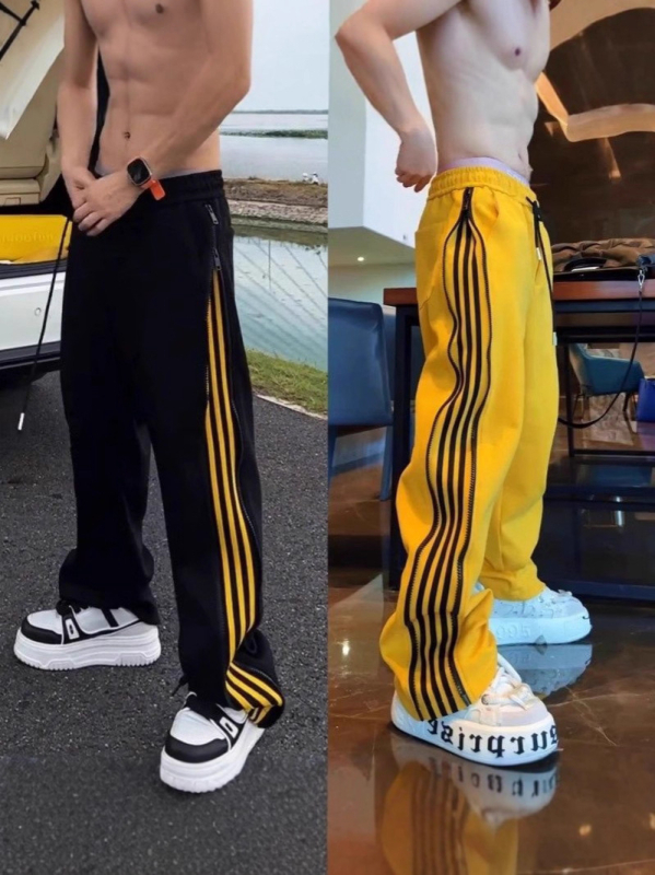 Ανδρικά χαλαρά παντελόνια casual με πλευρική ρίγα και διπλό φερμουάρ, ευθεία γραμμή ποδιού, πολυεστέρας, φθινόπωρο 2025