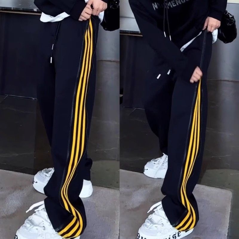 Ανδρικά χαλαρά παντελόνια casual με πλευρική ρίγα και διπλό φερμουάρ, ευθεία γραμμή ποδιού, πολυεστέρας, φθινόπωρο 2025