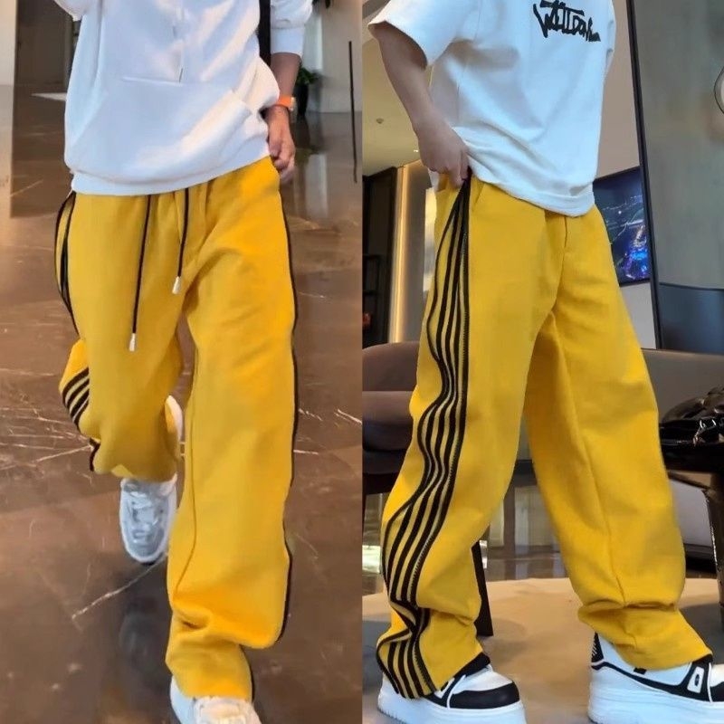 Ανδρικά χαλαρά παντελόνια casual με πλευρική ρίγα και διπλό φερμουάρ, ευθεία γραμμή ποδιού, πολυεστέρας, φθινόπωρο 2025