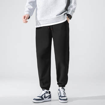 Casual παντελόνια με υφή βάφλας, μήκος αστραγάλου, μέση στη μέση, άνετη γραμμή, πολυεστέρας