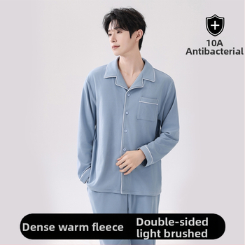 Мъжки пижамен комплект с мъхест флис, дълги ръкави и дълги панталони, яка с ла-пел, 90–95% полиестер, 201–250 г/м², за зима, пролет и есен, луксозен стил