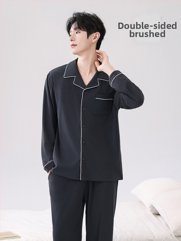 Мъжки пижамен комплект с мъхест флис, дълги ръкави и дълги панталони, яка с ла-пел, 90–95% полиестер, 201–250 г/м², за зима, пролет и есен, луксозен стил