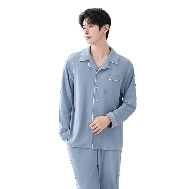 Мъжки пижамен комплект с мъхест флис, дълги ръкави и дълги панталони, яка с ла-пел, 90–95% полиестер, 201–250 г/м², за зима, пролет и есен, луксозен стил