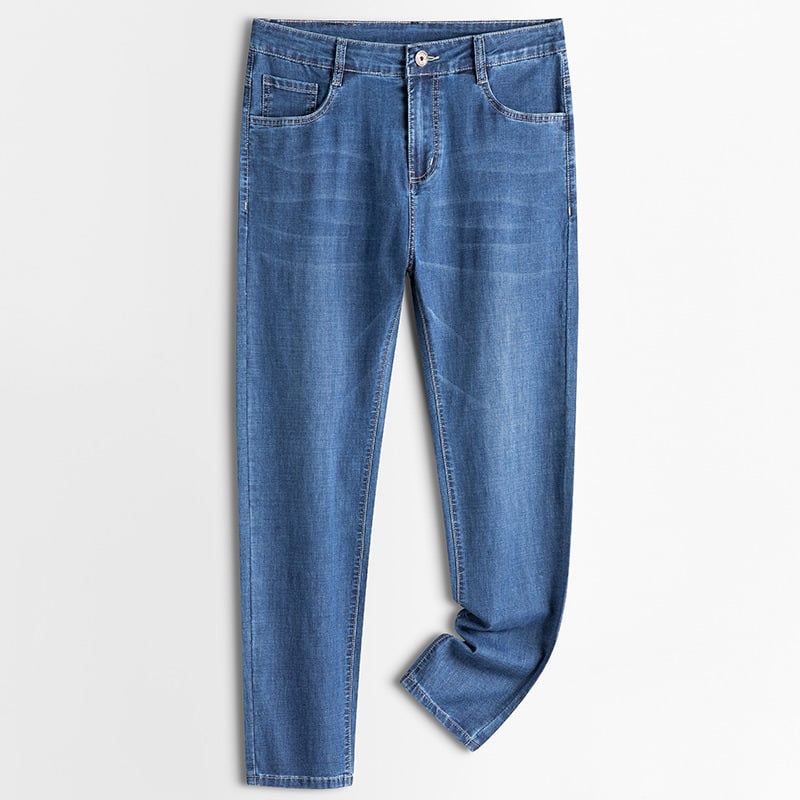 Jeansi pentru bărbați de vârstă mijlocie, croială dreaptă, talie înaltă, amestec de bumbac cu fibre sintetice 74,3% bumbac, primăvară-toamnă, casual