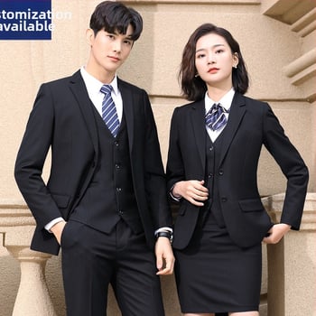 Costum unisex de afaceri, croi Slim, guler stand, țesătură din amestec de bumbac