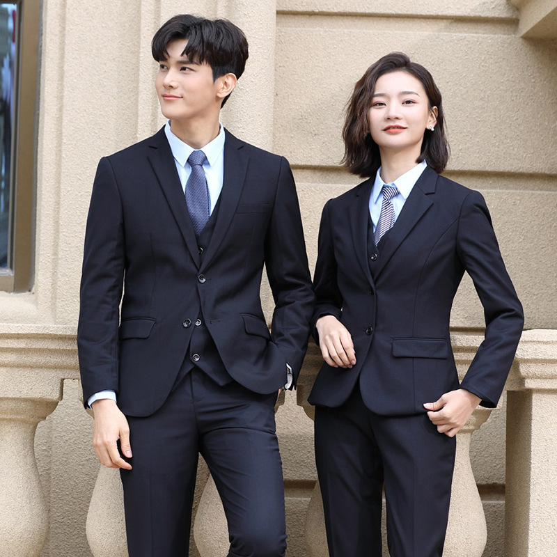 Costum unisex de afaceri, croi Slim, guler stand, țesătură din amestec de bumbac