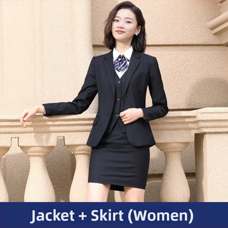 Costum unisex de afaceri, croi Slim, guler stand, țesătură din amestec de bumbac