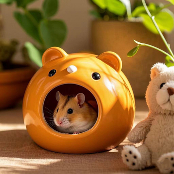 Hamster sklonište: keramička kamen kućica sa zlatnom svilenom prostirkom i hlađenim iglom