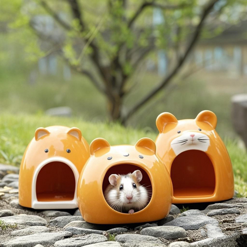 Hamster sklonište: keramička kamen kućica sa zlatnom svilenom prostirkom i hlađenim iglom