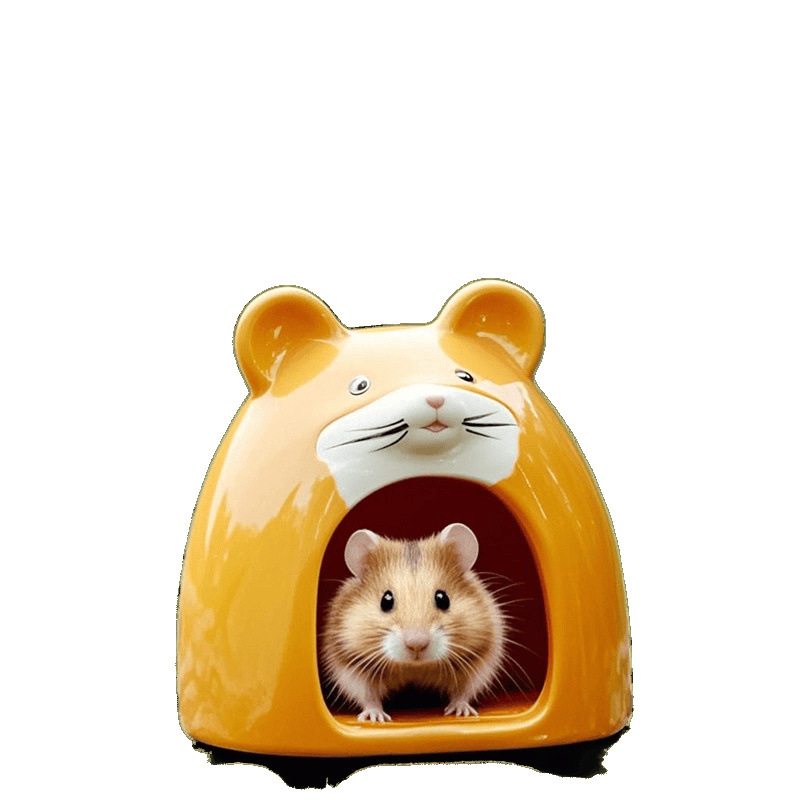 Hamster sklonište: keramička kamen kućica sa zlatnom svilenom prostirkom i hlađenim iglom