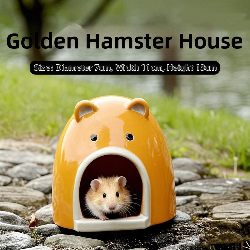Hamster sklonište: keramička kamen kućica sa zlatnom svilenom prostirkom i hlađenim iglom