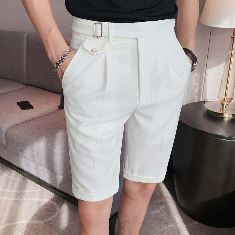 Muške ljetne casual kratke hlače s pojasom, kontrastne boje, neapolskog stila, slim-fit, bijele