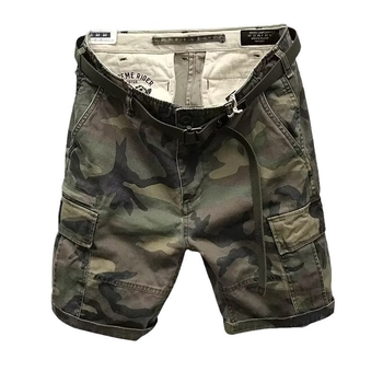 Férfi camuflázs cargo rövidnadrág, laza egyenes szabás, középső derekú, cropped hossz, sportos hétköznapi nadrág
