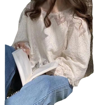 Chiffon felső csipkés kivágással, lotuslevel gallérral, hosszú ujjú, laza szabású