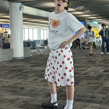 Uniszex háló capri short – Teljes felületű szív minta, húzózsinóros derék, hálós anyag, egyenes szabás