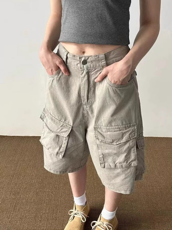 Unisex cargo šorc s retro pranjem, velikim džepovima, poliester, opuštena silueta, za ljeto