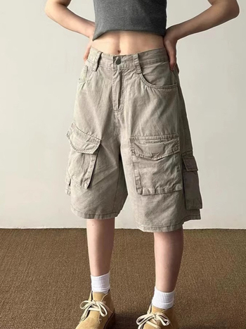 Unisex cargo šorc s retro pranjem, velikim džepovima, poliester, opuštena silueta, za ljeto