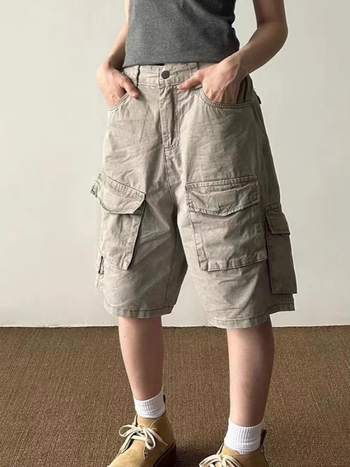 Unisex cargo šorc s retro pranjem, velikim džepovima, poliester, opuštena silueta, za ljeto