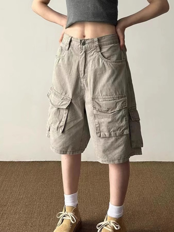 Unisex cargo šorc s retro pranjem, velikim džepovima, poliester, opuštena silueta, za ljeto