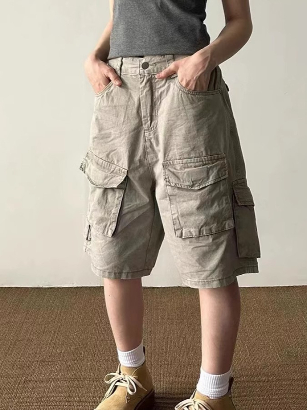 Unisex cargo šorc s retro pranjem, velikim džepovima, poliester, opuštena silueta, za ljeto