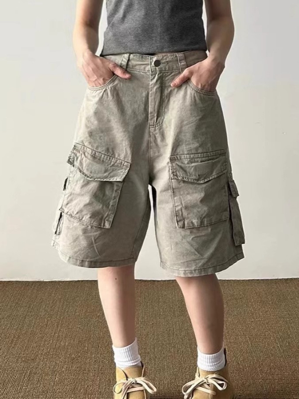 Unisex cargo šorc s retro pranjem, velikim džepovima, poliester, opuštena silueta, za ljeto