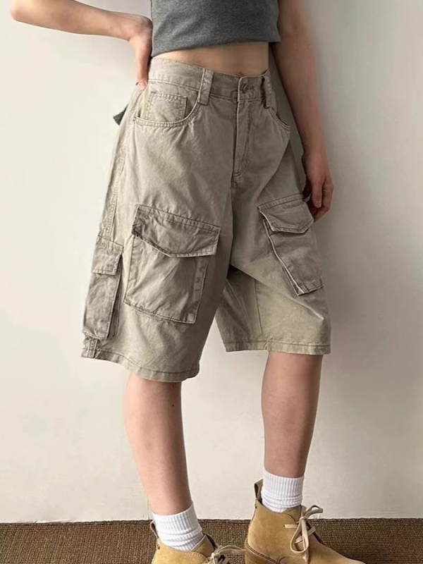 Unisex cargo šorc s retro pranjem, velikim džepovima, poliester, opuštena silueta, za ljeto