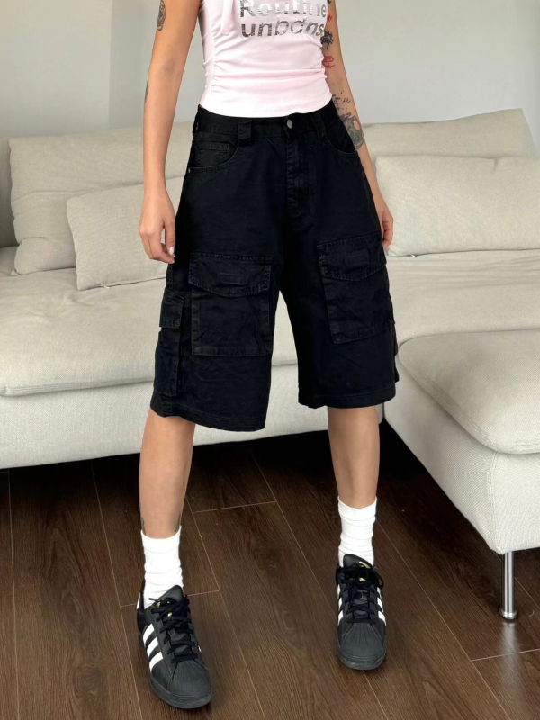 Unisex cargo šorc s retro pranjem, velikim džepovima, poliester, opuštena silueta, za ljeto