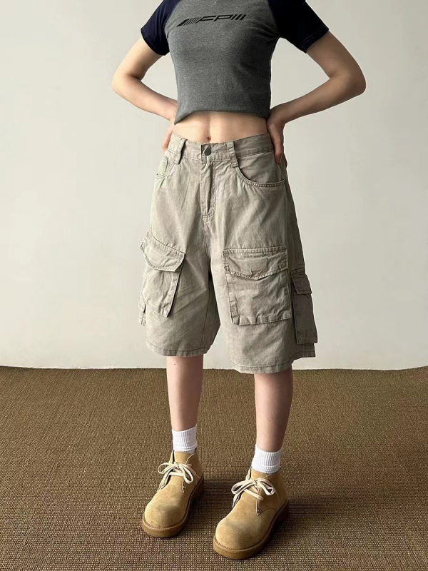Unisex cargo šorc s retro pranjem, velikim džepovima, poliester, opuštena silueta, za ljeto