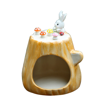 Kerámiából készült hörcsög ház, fa üreg imitációval, kerek alakú, vízálló, belső használatra