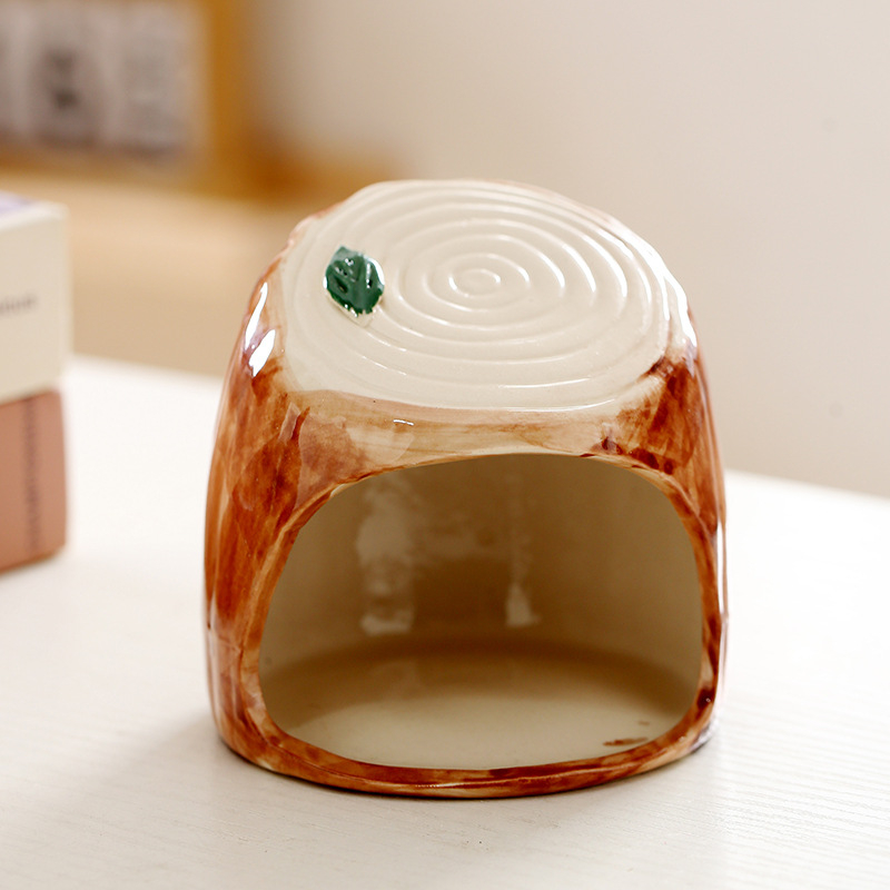 Kerámiából készült hörcsög ház, fa üreg imitációval, kerek alakú, vízálló, belső használatra