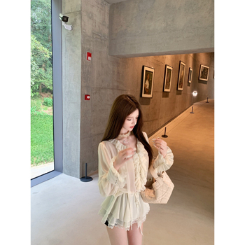 Chiffon anyagú ing, 80-90% poliészter, V-nyakú, hosszú ujjú, Feifei ujjak