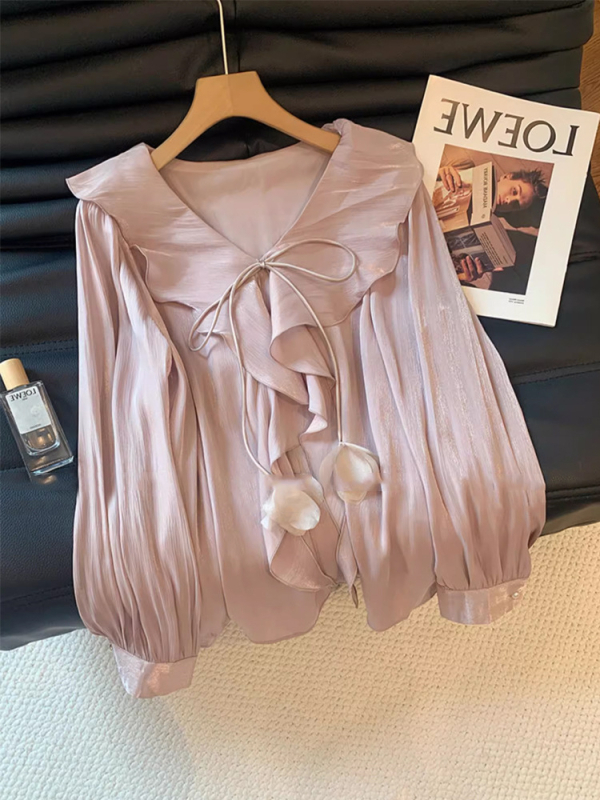 Šifonska bluza s V-izrezom, dugi rukavi, ležerni kroj, elegantan stil