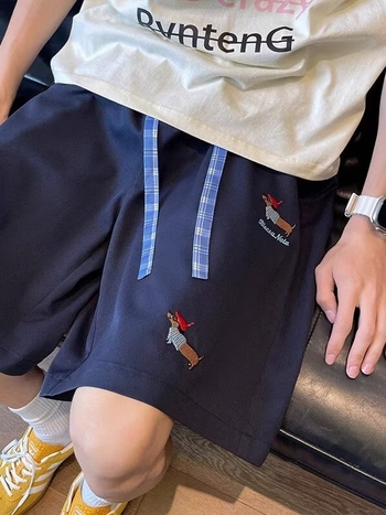 Muški šorc s izvezenim dachshund motivom, brzo se suše, sportski stil, ravni kroj (100% poliester; mikroelastičnost; duljina: šorc; ljeto)