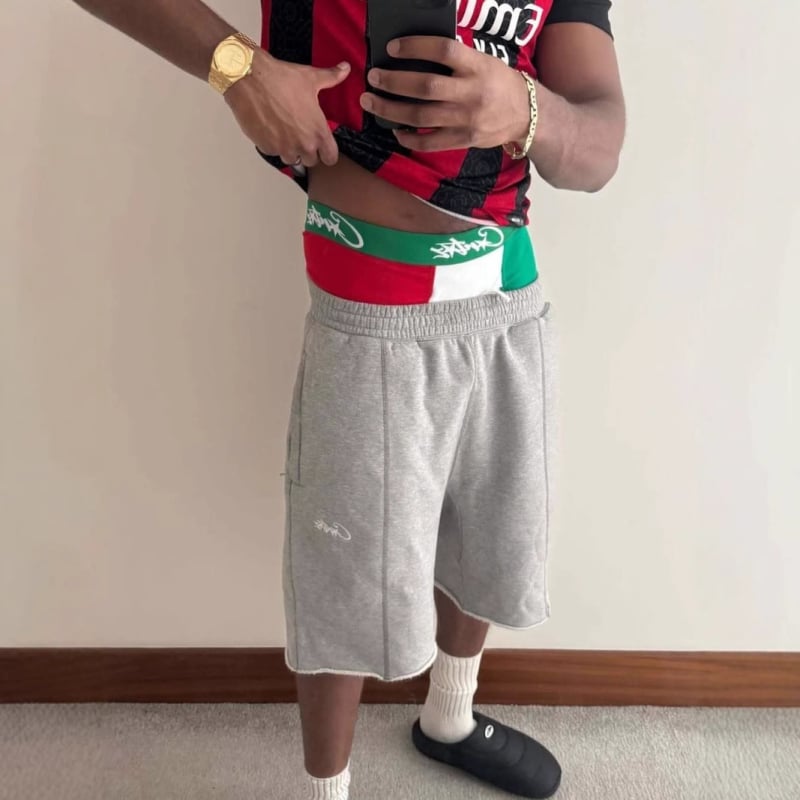 Pletene šorceve s izvezenim slovima, opušteni kroj, hip-hop stil, pamuk, srednja duljina