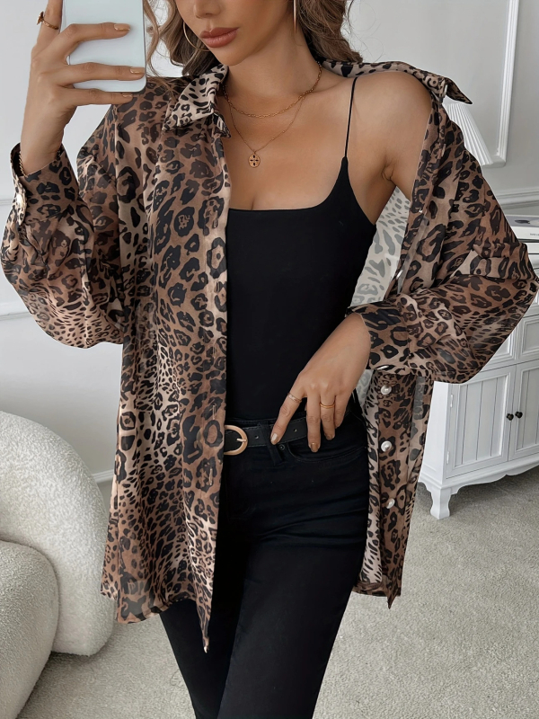 Ženska šifon-bluza s leopard uzorkom, duge rukave, polo ovratnik, zatvaranje s više gumba, elegantan kardigan stil, proljeće 2026
