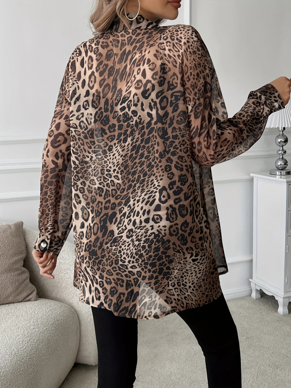Ženska šifon-bluza s leopard uzorkom, duge rukave, polo ovratnik, zatvaranje s više gumba, elegantan kardigan stil, proljeće 2026