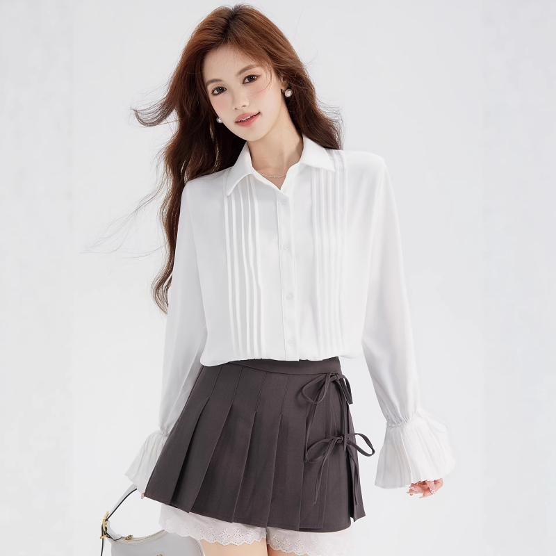 Cămașă din chiffon cu amestec polyester-elastan, croială lejeră, mâneci lungi Raglan, guler Turn-down, plachetă cu nasturi multipli