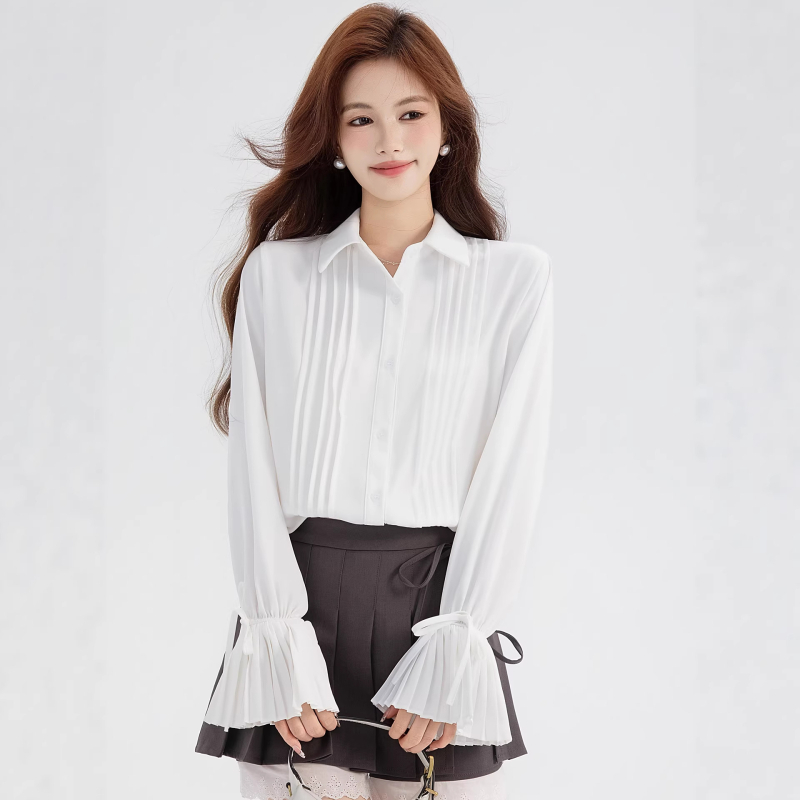 Cămașă din chiffon cu amestec polyester-elastan, croială lejeră, mâneci lungi Raglan, guler Turn-down, plachetă cu nasturi multipli